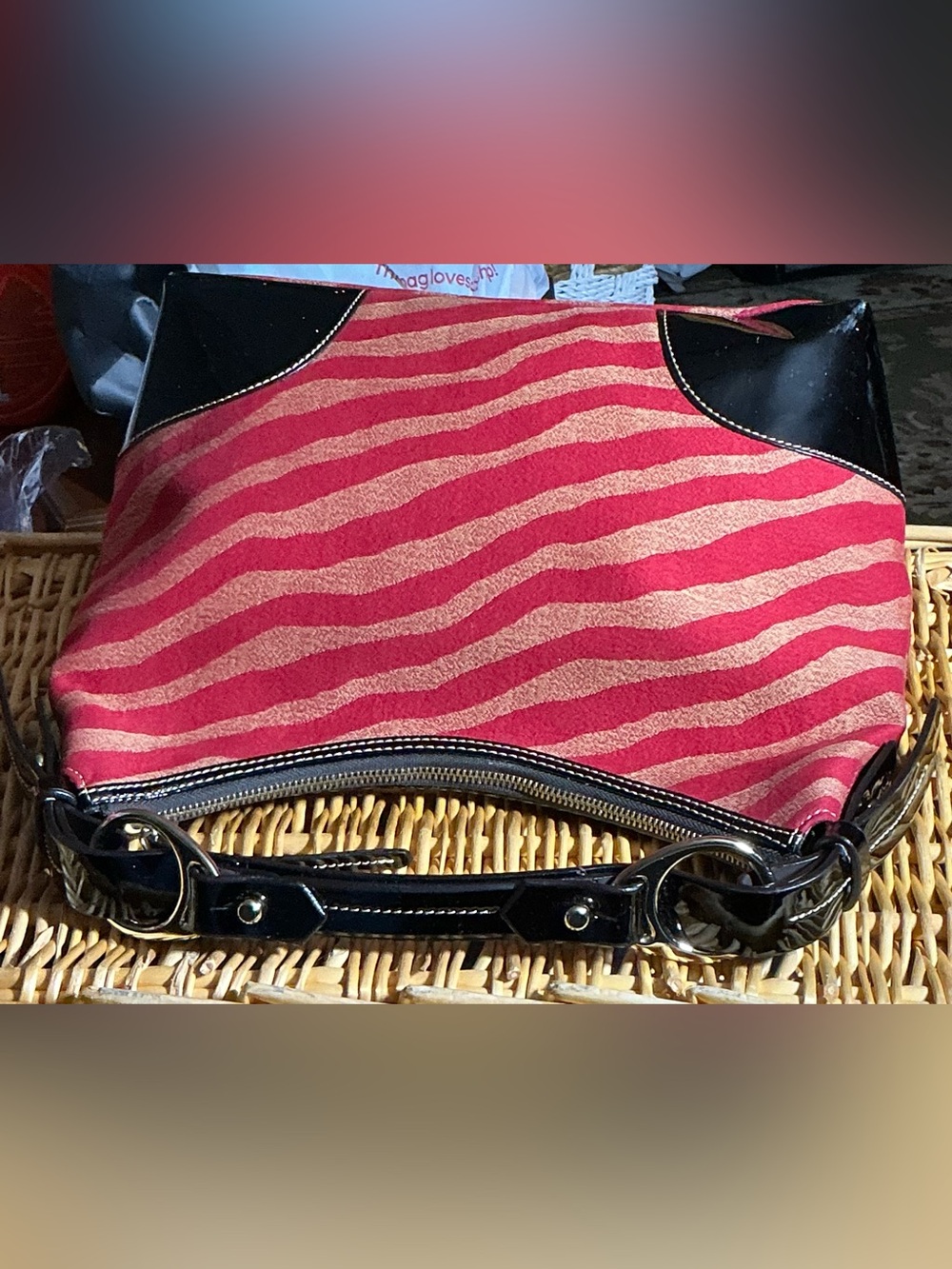 Dooney & Bourke Red and Beige Zebra Stripe Tote with Patent Black Trim - Picture 6 of 16